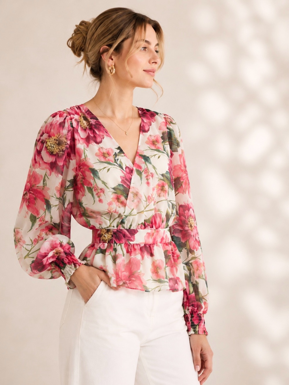 EXPRESS Peplum Faux Wrap Floral Chiffon Blouse  Long Sleeve Smocked Cuffs V-Neck